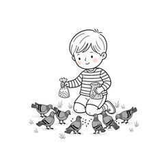 A-young-boy-kneeling-on-the-ground-and-feeding-pigeons