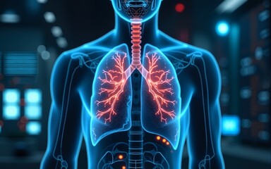 Artificial intelligence in medical detection. Lung abnormalities detected in futuristic lab setting, showcasing advanced medical technology and imaging techniques. atmosphere is focused and clinical