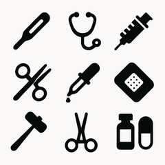 Medical icons set: thermometer, stethoscope, syringe, scissors, pipette, bandage, mallet, vial, capsule