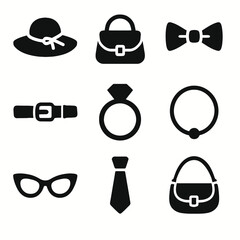 Fashion accessories: hat, handbags, bowtie, belt, ring, necklace, glasses, tie icons