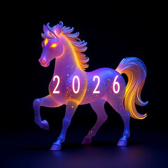 Illuminated horse figure with 2026 sign against a black background at night
