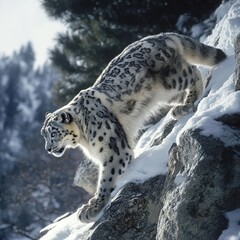 A snow leopard climbing across steep icy rocks with powerful silent steps