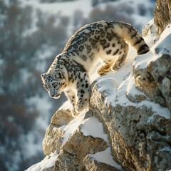 A snow leopard climbing across steep icy rocks with powerful silent steps