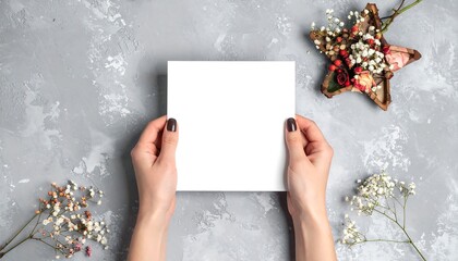 Hands holding blank card with star and flowers on gray background.