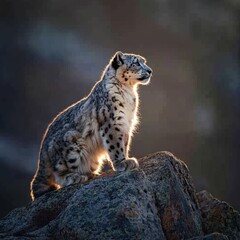 A solitary snow leopard standing on a rugged mountain ridge under a soft morning glow