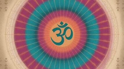 Vibrant Mandala Illustration with OM Symbol in Turquoise, Saffron, and Magenta Hues on Textured Background