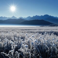 Sunlight reflecting off frost patterns while distant peaks fade into blue haze