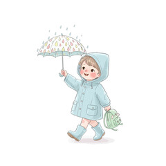 A young happy child walking in the rain