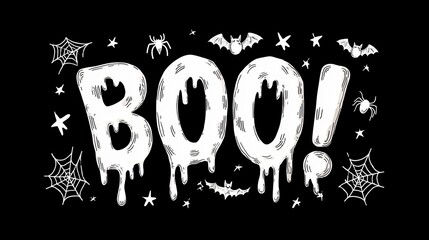 Halloween spooky dripping BOO text with bats spiders and cobwebs on black background illustration