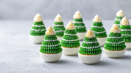 Festive Christmas appetizer shaped like small trees made of egg and cream on gray background holiday cuisine