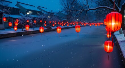 Illuminated red lanterns adorn a snowy canal path during a peaceful winter evening