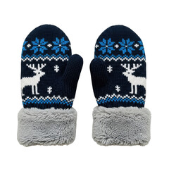 Cozy navy blue knitted mittens with white and blue snowflake and reindeer pattern, and soft grey faux fur cuffs, isolated on transparent background
