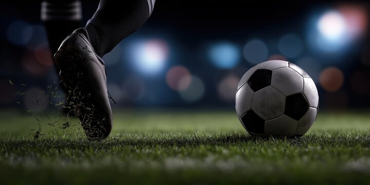 a close-up of a foot kicking a soccer ball on a field, with a dark background.