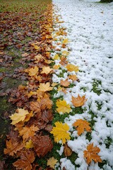 Fallen autumn leaves on ground half covered with snow showing transition between fall and winter seasons