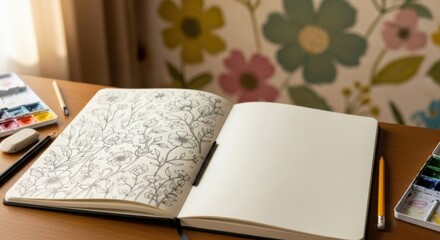 Open sketchbook with floral drawing and art supplies on a wooden desk near floral wallpaper