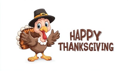 Cute cartoon turkey in pilgrim hat with happy thanksgiving text on white background holiday greeting design