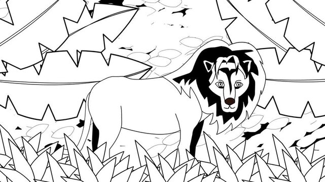 Animated video of a lion in black and white cartoon style, art, animal, 2D.