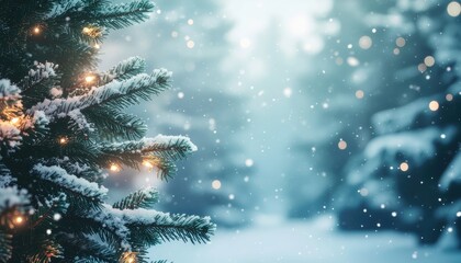 Winter wonderland scene featuring snow-covered pine trees and glistening lights in a tranquil forest setting captured in soft focus for a magical holiday atmosphere