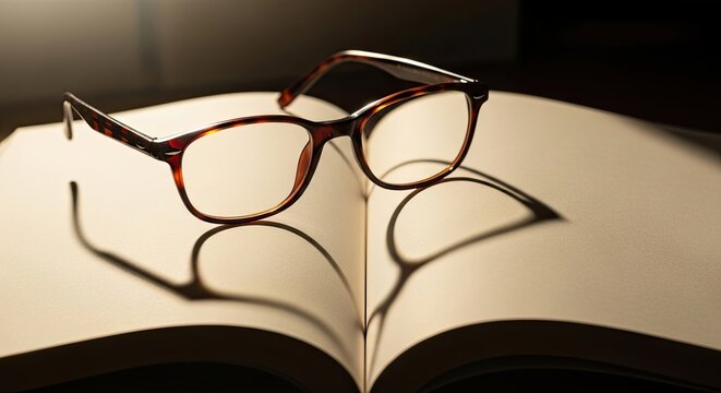 Elegant Tortoiseshell Eyeglasses Resting on an Open Book Casting Shadows