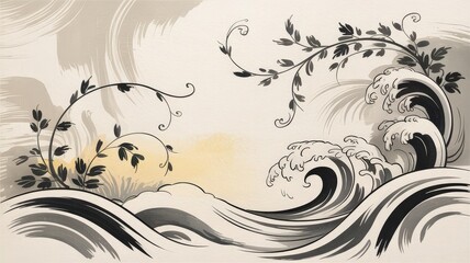 Serene Japanese Ink Wash Painting of Flowing Karakusa Waves with Delicate Brushwork