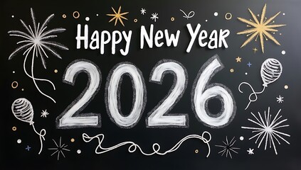 Happy New Year 2026 with golden fireworks and festive decorations on black background