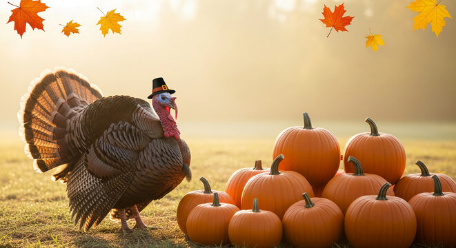 Image of a turkey wearing a hat near pumpkins and maple leaves, representative of Thanksgiving, autumn or harvest themes and seasonal festive concepts - Powered by Adobe