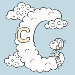 Cartoon Ant Climbing Cloud Ladder to Letter C on White Background Keywords: ant, cartoon