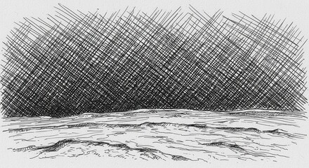 Pen and ink drawing of a landscape with a field and a sky filled with cross hatching lines