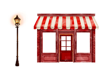 old window with red shutters Shop roof, white and red store vintage christmas  vintage watercolor hand drawn on transparent background