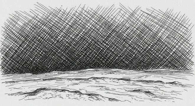 Pen and ink drawing of a landscape with a field and a sky filled with cross hatching lines
