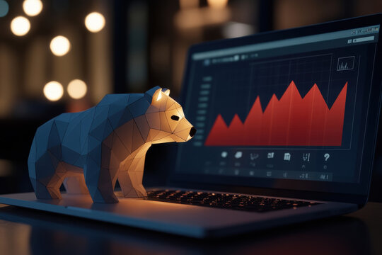 Bear market concept with laptop and financial data analysis. A glowing bear figurine stands near a laptop displaying a stock market graph, representing financial downturns.