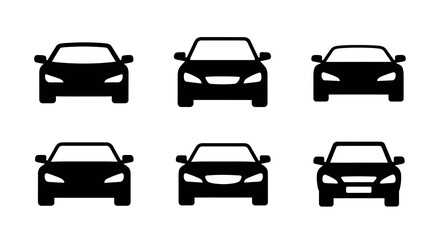 Obraz premium Collection of six black car silhouettes viewed from the front isolated on white background