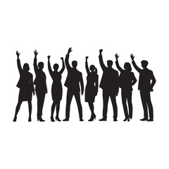 Silhouette of a business team celebrating success with raised hands pose