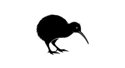 Silhouette of a kiwi bird with its long beak pointing downwards isolated on white background