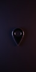 A shiny dark map pin on a dark background with soft lighting