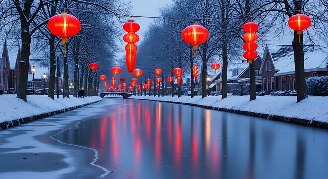 Winter canal illuminated by traditional red chinese lanterns reflecting on icy water at dusk - Powered by Adobe