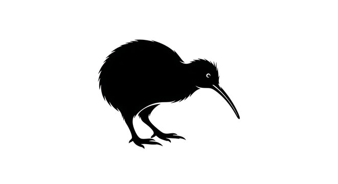 Silhouette of a kiwi bird with its long beak pointing downwards isolated on white background - Powered by Adobe