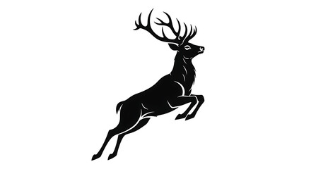 Silhouette of a majestic stag deer leaping powerfully with large antlers isolated on white background