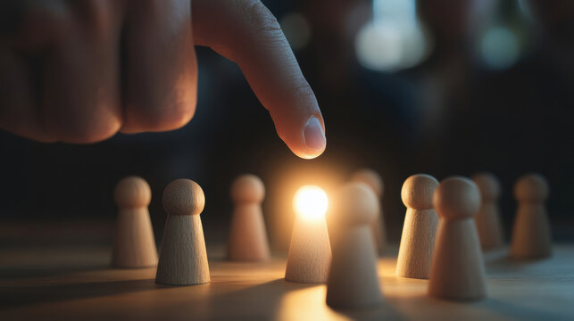 Choosing the right person for the job, concept of leadership and selection. A finger points to a glowing wooden figure, representing the selection of the best candidate.