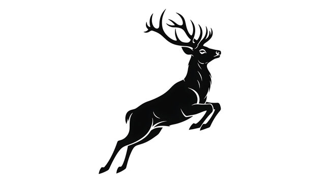 Silhouette of a majestic stag deer leaping powerfully with large antlers isolated on white background