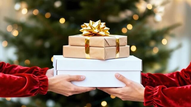 Hands exchanging a stack of Christmas gifts. People giving and receiving presents with a festive tree in the background. Holiday celebration and generosity concept