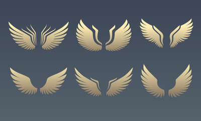 Obraz premium Collection of six golden wings on a dark background, vector illustration.