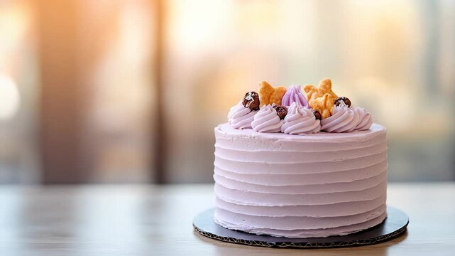 Purple frosted celebration cake with decorative toppings on a table with warm natural light baking dessert sweet food background