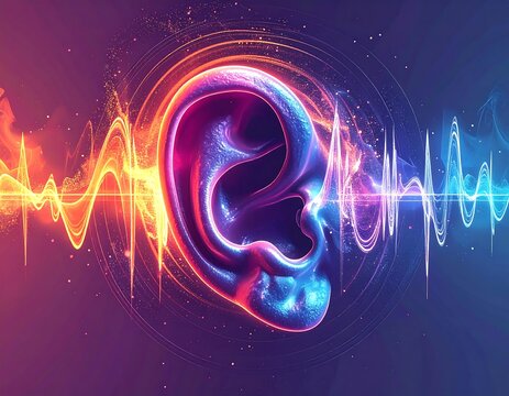 Human Ear with Sound Waves Illustration in Vibrant Colors.
