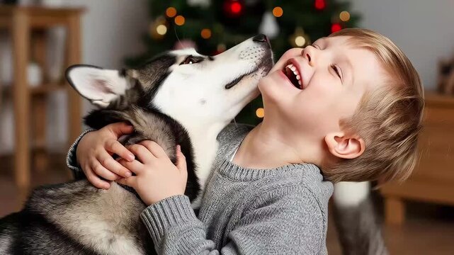 Boy laughing as husky licks face near Christmas tree
Description: Young boy bursts into laughter while Siberian husky gently licks his cheek during tender embrace in front of glowing decorated Christm