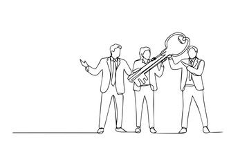 One line drawing of business team holding a key. Minimalist continuous line teamwork success illustration isolated on white background.