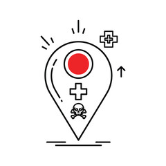 Location pin with medical cross, skull, and red circle icon