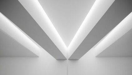 Abstract white interior, angled beams, and lighting