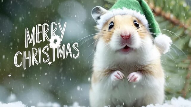 4K footage of a cute cartoon hamster wearing a Santa hat, dancing happily to celebrate the Christmas season, with ample copy space