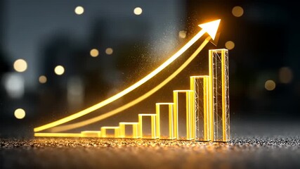 Golden bar graph representing growth and success with a blurred cityscape in the background - Powered by Adobe